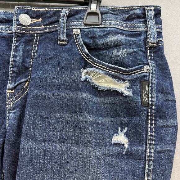 Silver Jeans Women's 30x22.5 (10) Dark Blue Suki Capris Distressed Preppy Summer - Picture 4 of 13